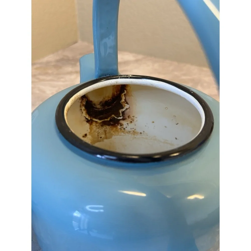 Vintage Blue Enamel Tea Kettle Stovetop Pot Mid Century Farmhouse Decor